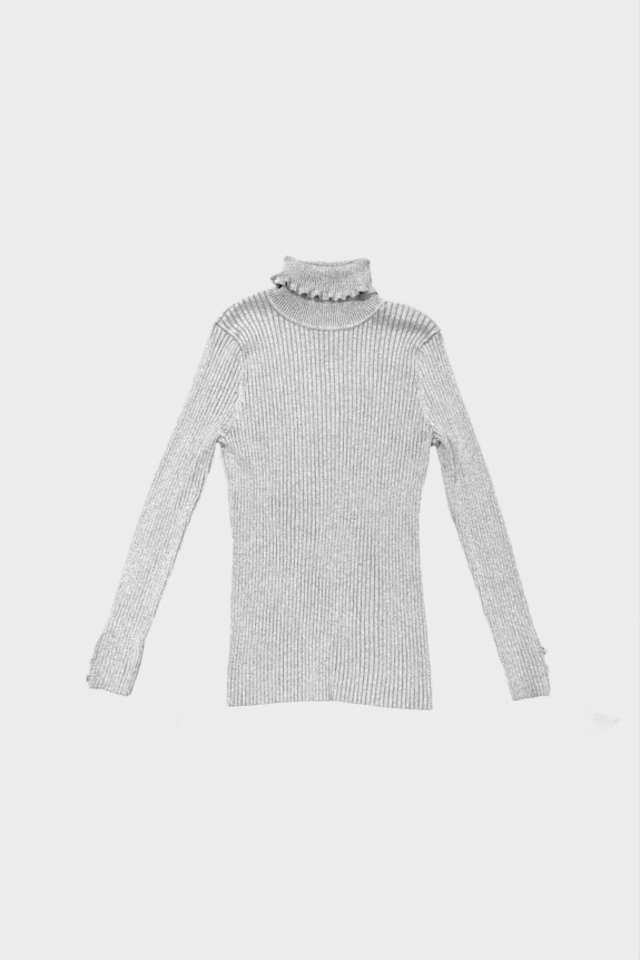 A gray ribbed long-sleeve turtleneck sweater with a ruffled neck detail.