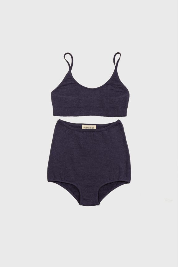 Knit alpaca navy blue bralette and high waisted undies set