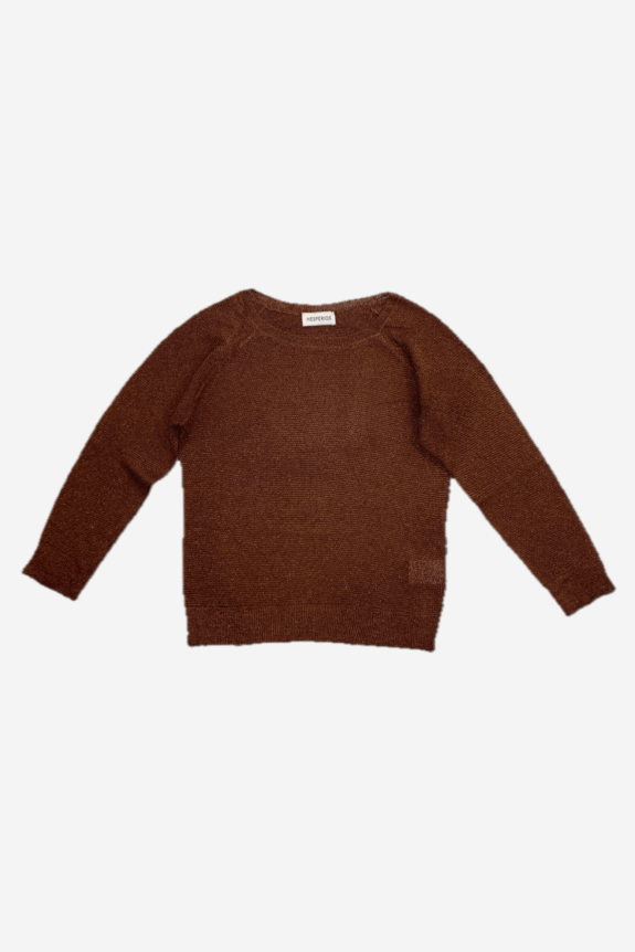 A brown knitted sweater with long sleeves displayed on a white background.