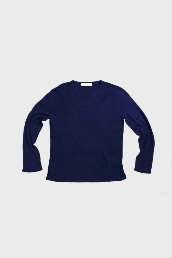 A navy blue long-sleeve shirt laid flat on a white background.