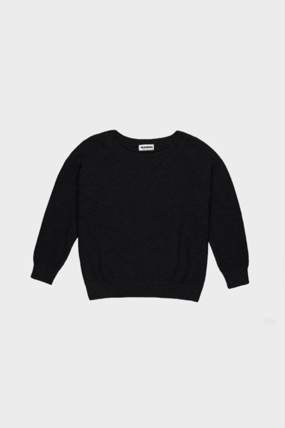 A black knitted sweater with a crew neckline.