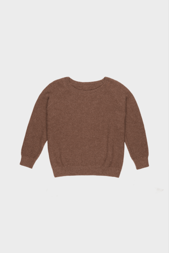 A brown knitted sweater with long sleeves on a plain background.