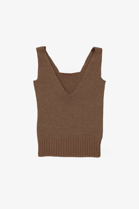 A sleeveless, ribbed, dark gray knit top with a deep V-neck.