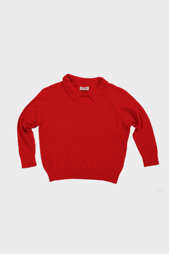 A red long-sleeve sweater with a collar displayed on a plain background.