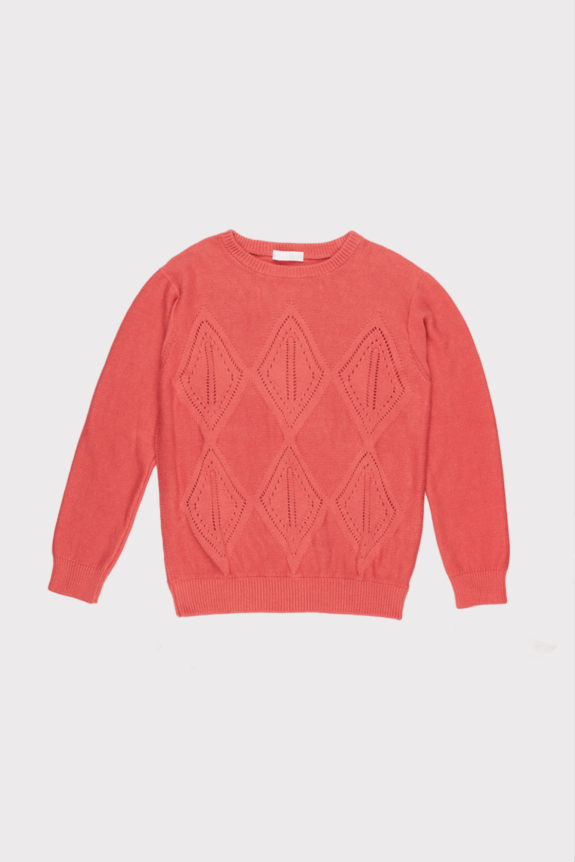 Coral knit sweater with diamond-shaped cut-out patterns on the front.