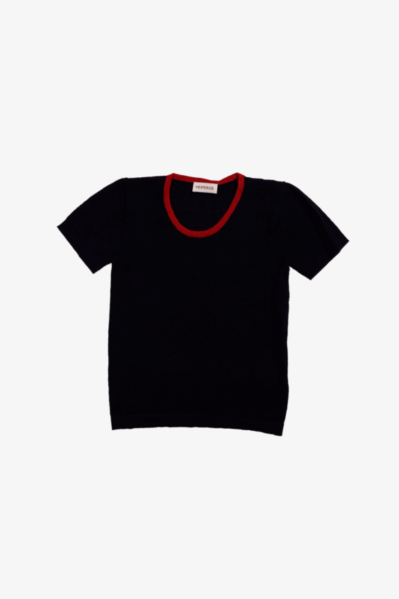 A black short-sleeve shirt with a red neckline and a label reading