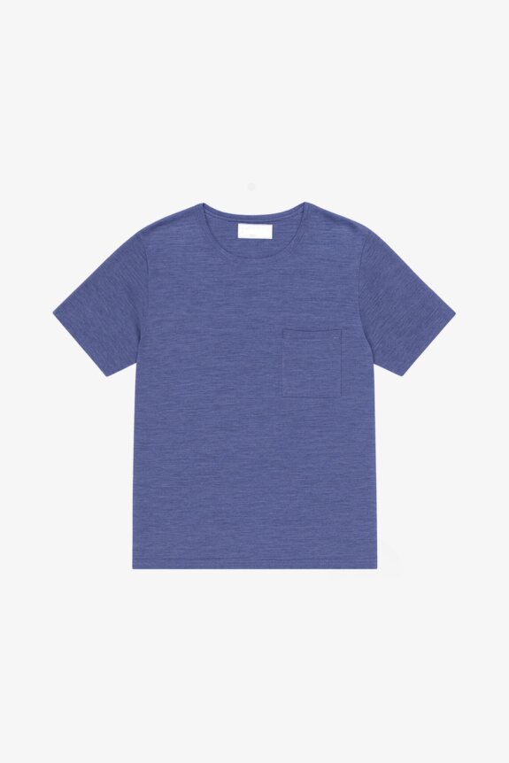 Blue t-shirt with a pocket, laid flat on a white background.