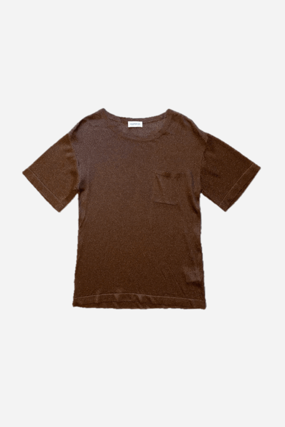 A brown short-sleeve T-shirt with a chest pocket on a white background.