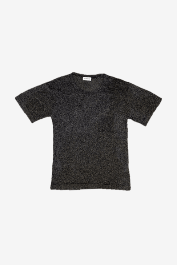 A grey textured short-sleeve t-shirt with a front pocket.