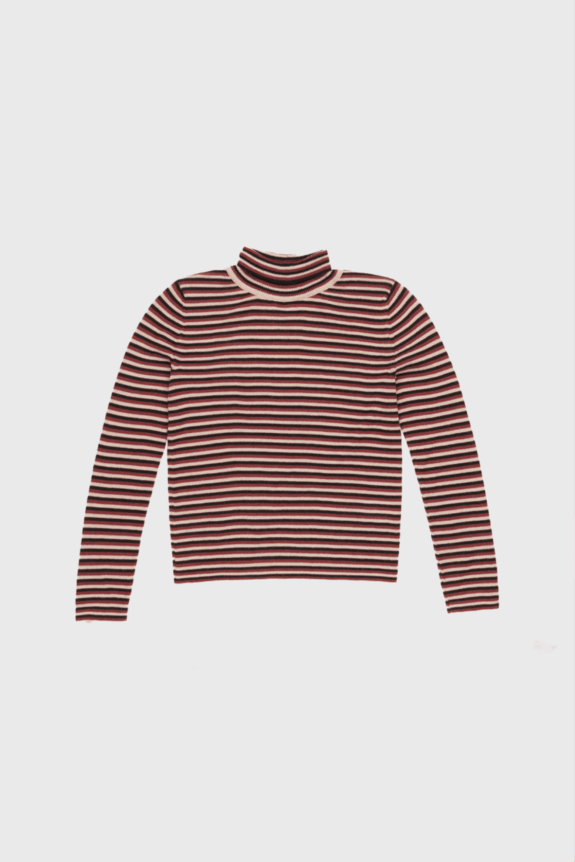A striped turtleneck sweater featuring red, pink, and black horizontal lines.