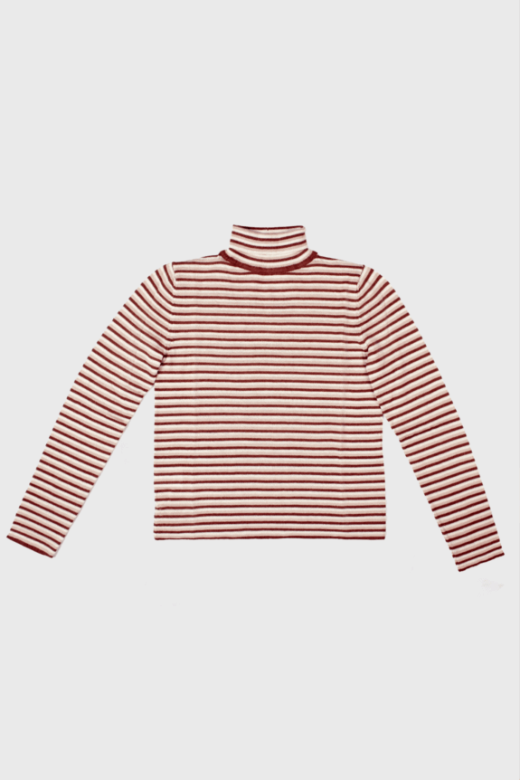 Red and white striped turtleneck sweater with long sleeves.