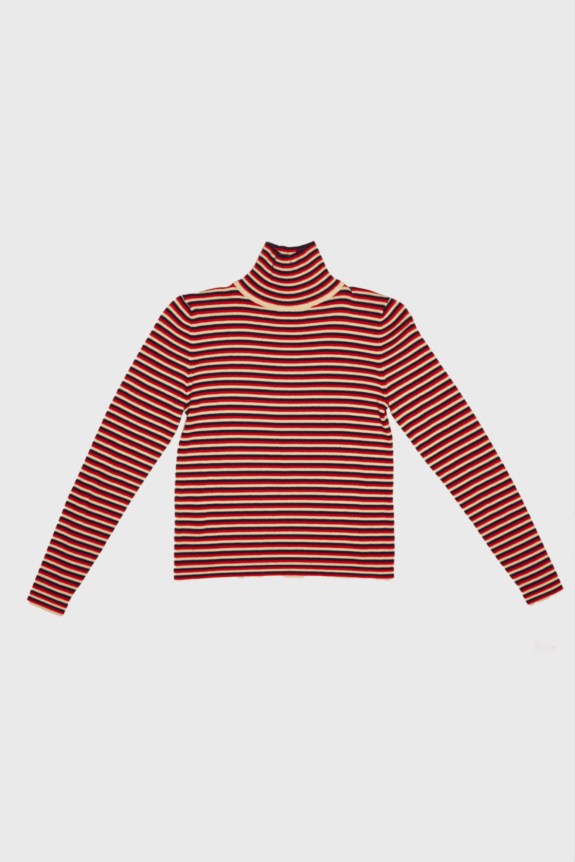 A red and beige striped turtleneck sweater with long sleeves.
