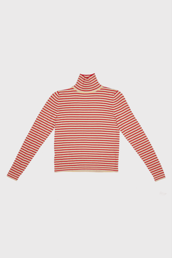 Red and white striped turtleneck sweater on a plain background.
