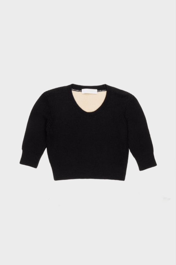 A black knit V-neck sweater with long sleeves on a white background.