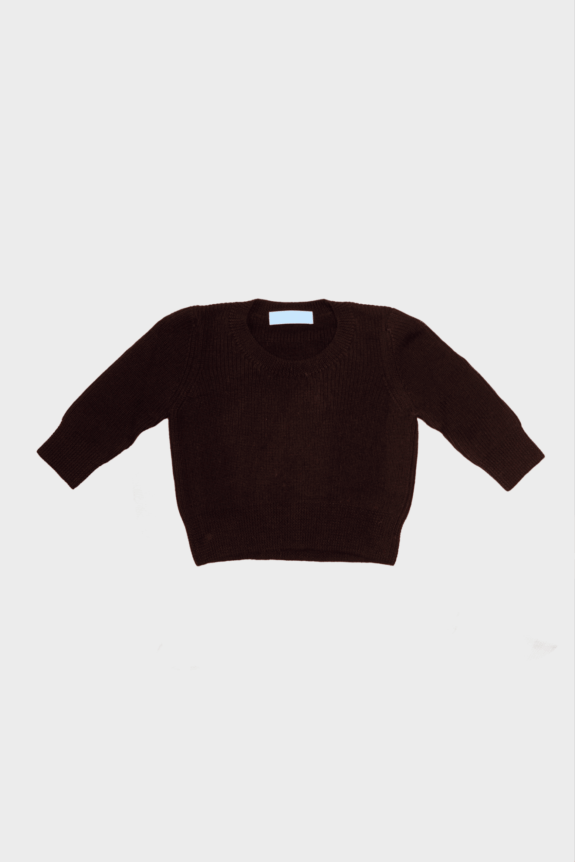 A dark brown, long-sleeve knit sweater on a plain white background.