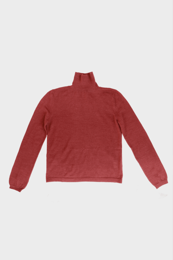 A red turtleneck sweater with long sleeves on a plain background.