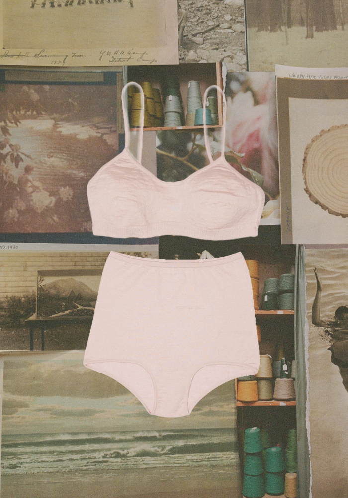 A beige lingerie set with a bra and high-waisted briefs placed on a collage of vintage photos and thread spools.