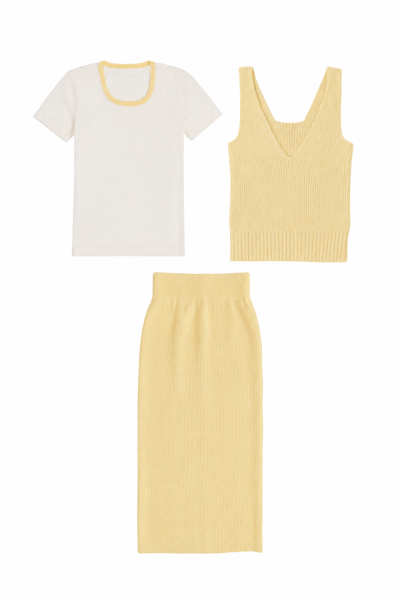 A short-sleeved white T-shirt with yellow trim, a yellow V-neck sleeveless top, and a matching yellow skirt are arranged on a white background.